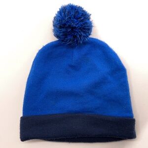 Lands' End Youth M-L Winter Pom Pom Hat Dark Blue Cuff Light Blue Crown